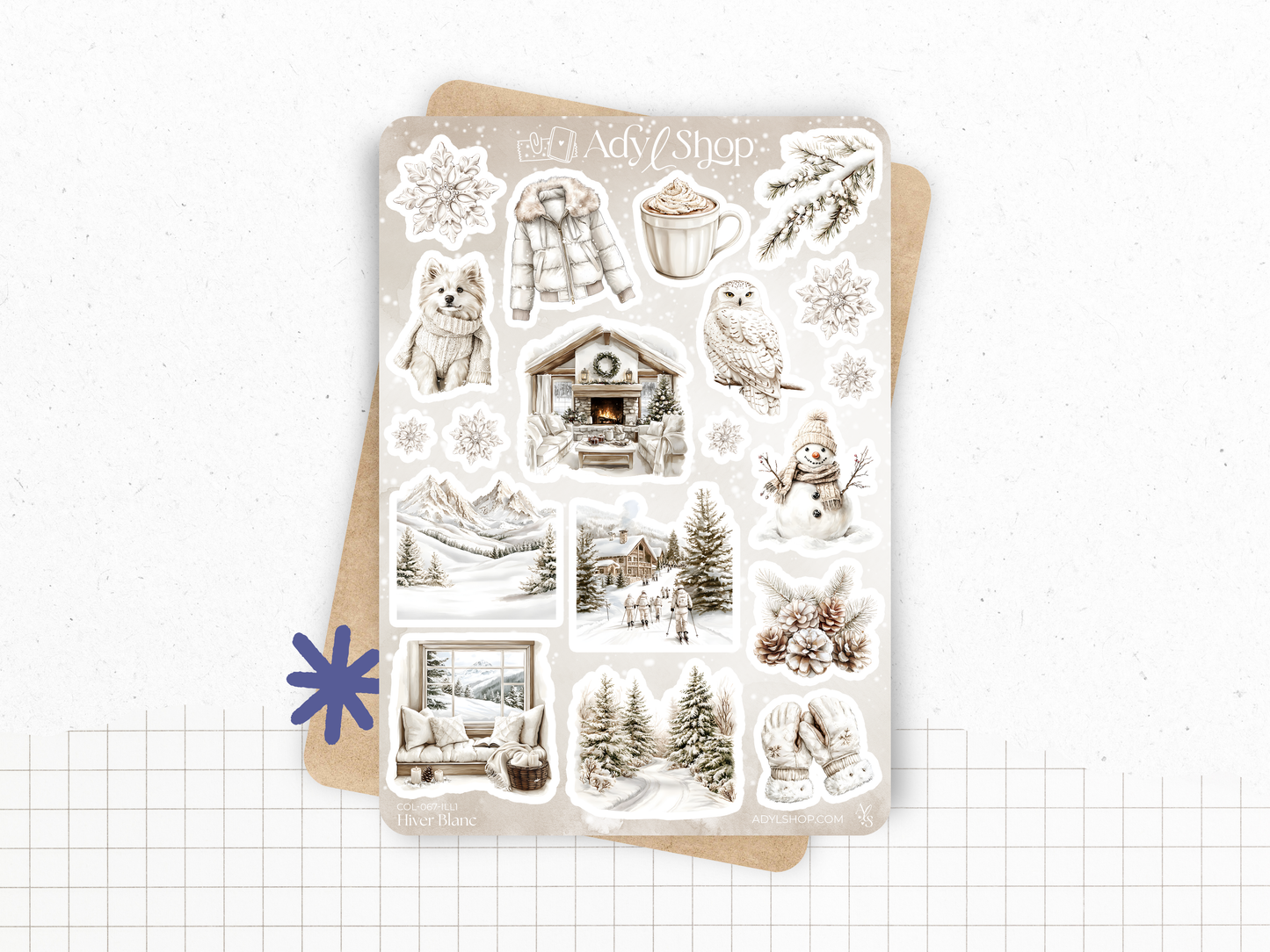 Planches de Stickers "Hiver Blanc" - Autocollants sur le thème de l'hiver : neige, froid, vacances au ski - Jours de la semaine - Bullet Journal & Planner