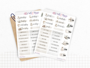 Planches de Stickers "Hiver Blanc" - Autocollants sur le thème de l'hiver : neige, froid, vacances au ski - Jours de la semaine - Bullet Journal & Planner