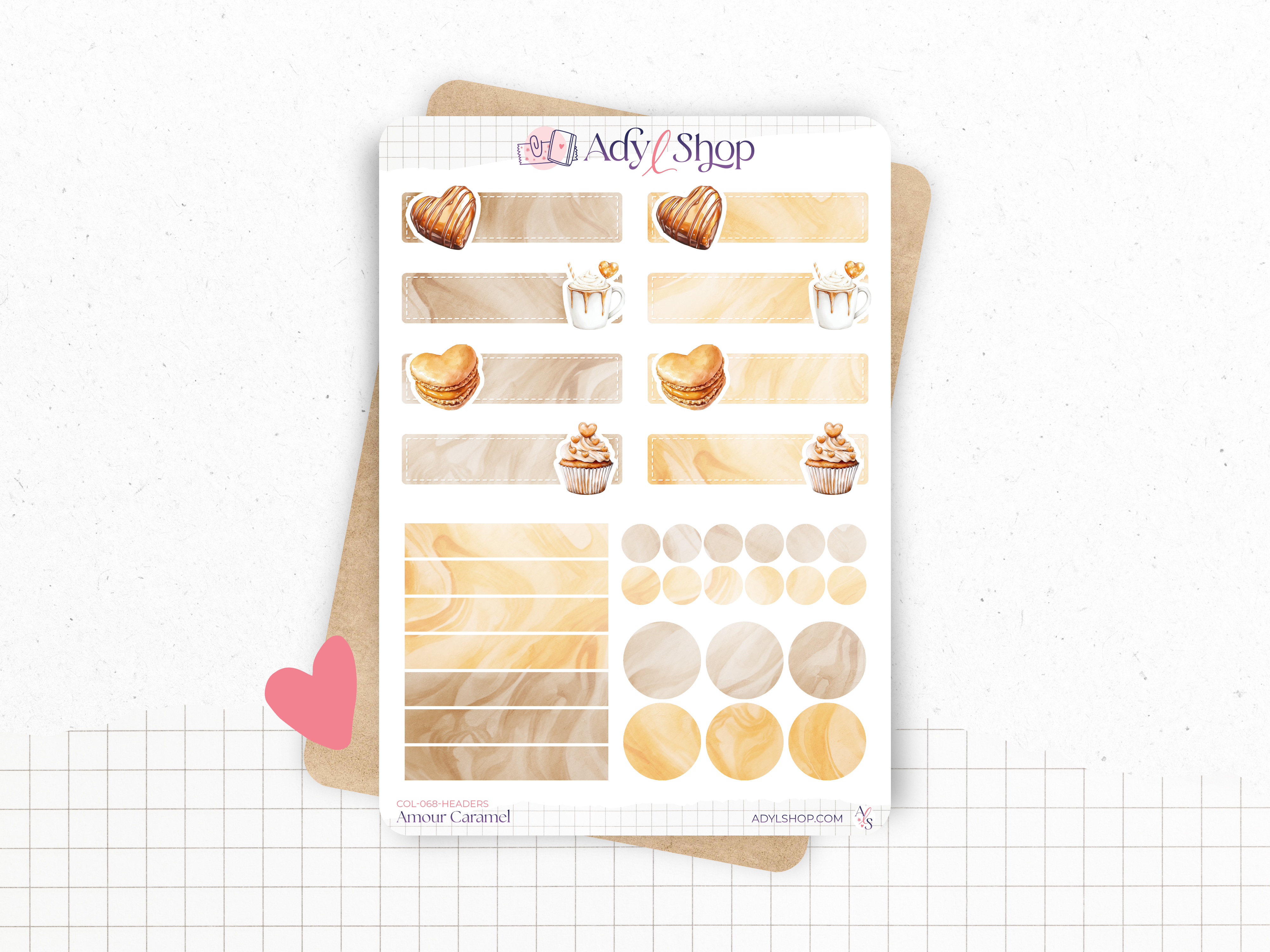 Sticker sheets - "Caramel Love" - Watercolor illustrations: sweet treats, love, Valentine's Day - Bullet Journal / Planner stickers