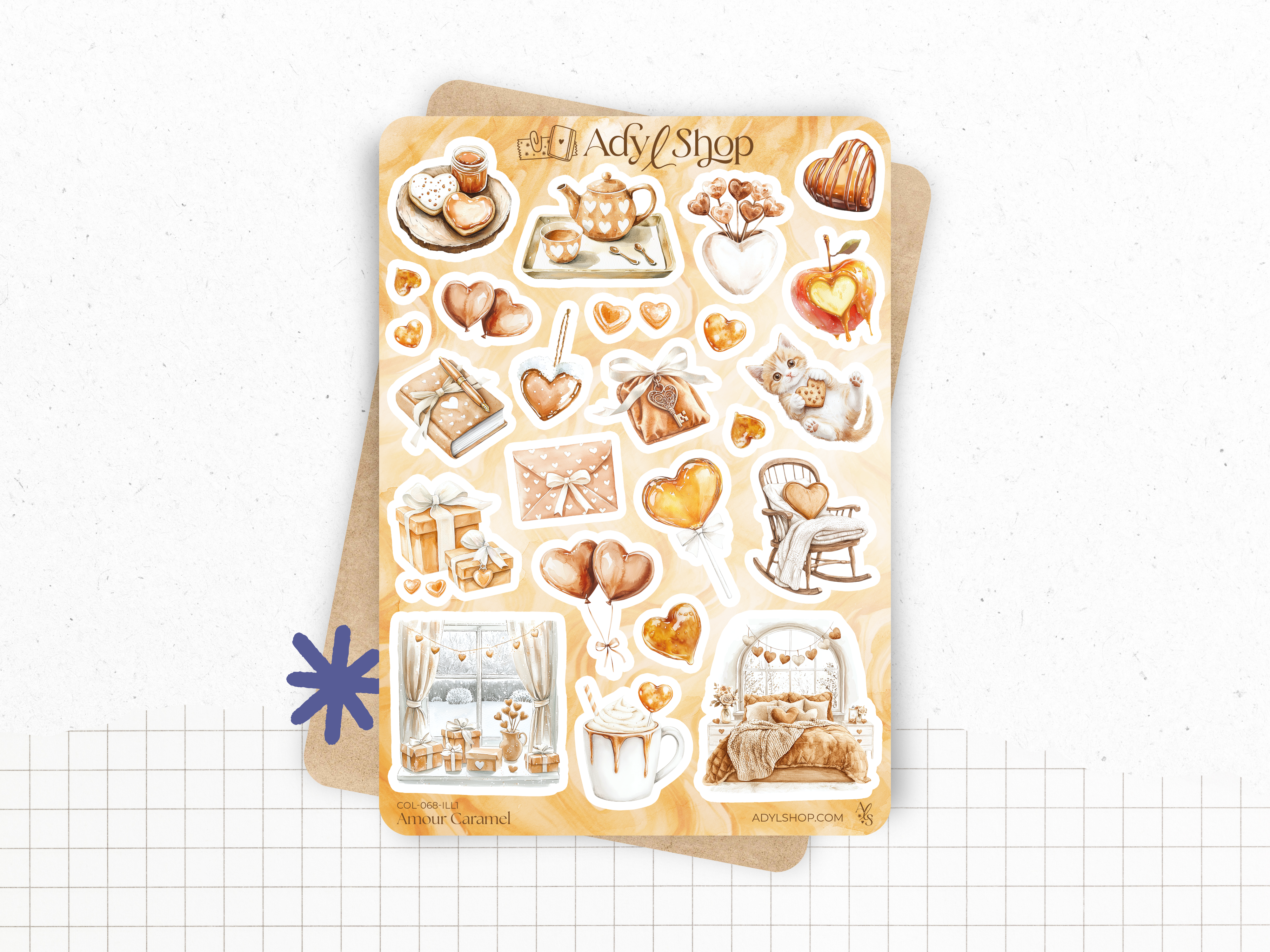 Sticker sheets - "Caramel Love" - Watercolor illustrations: sweet treats, love, Valentine's Day - Bullet Journal / Planner stickers