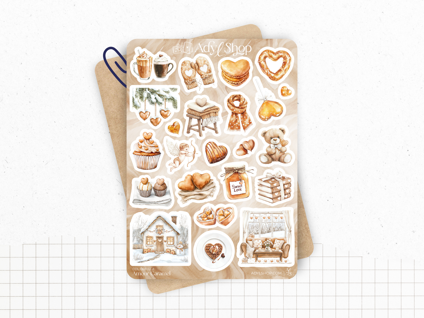 Planches de stickers "Amour Caramel" - Autocollants sur le thème de la gourmandise et de l'amour : bonbon, Saint-Valentin - Bullet Journal & Planner