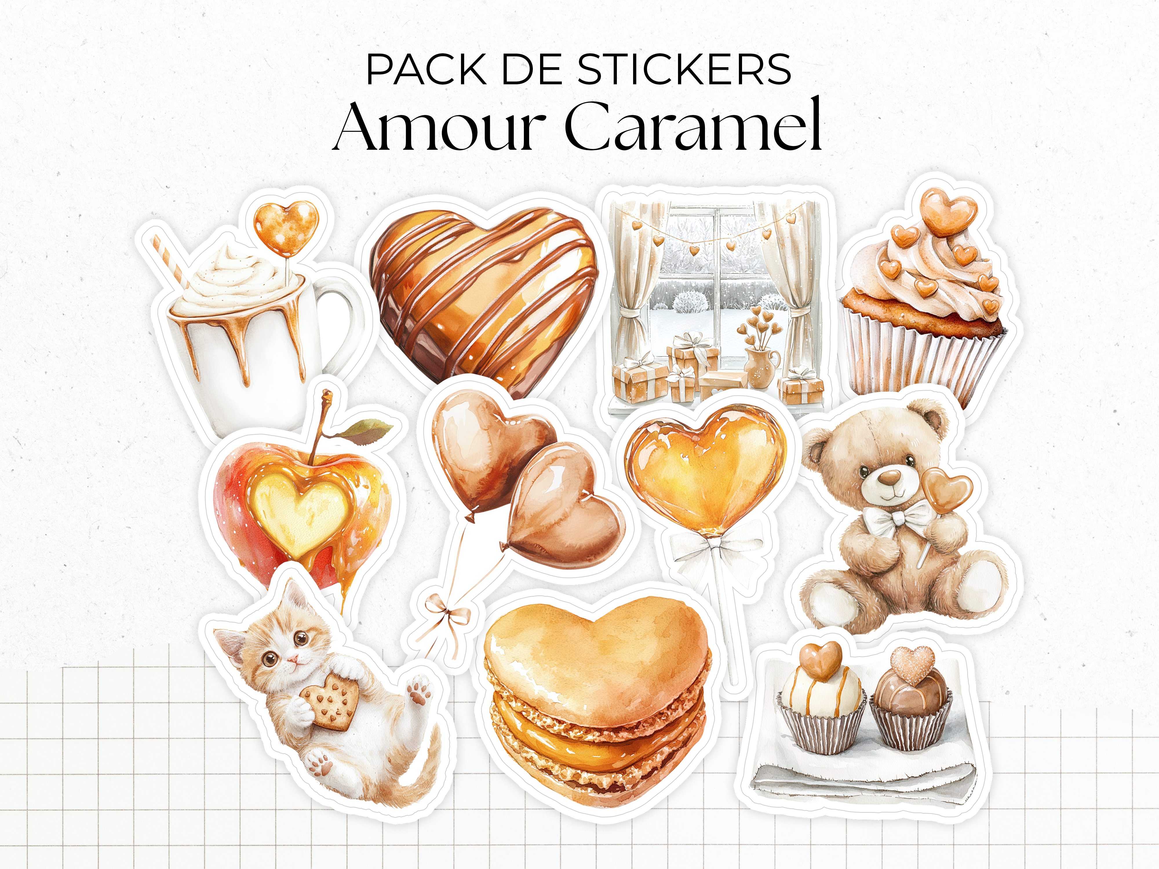 Sticker sheets - "Caramel Love" - Watercolor illustrations: sweet treats, love, Valentine's Day - Bullet Journal / Planner stickers