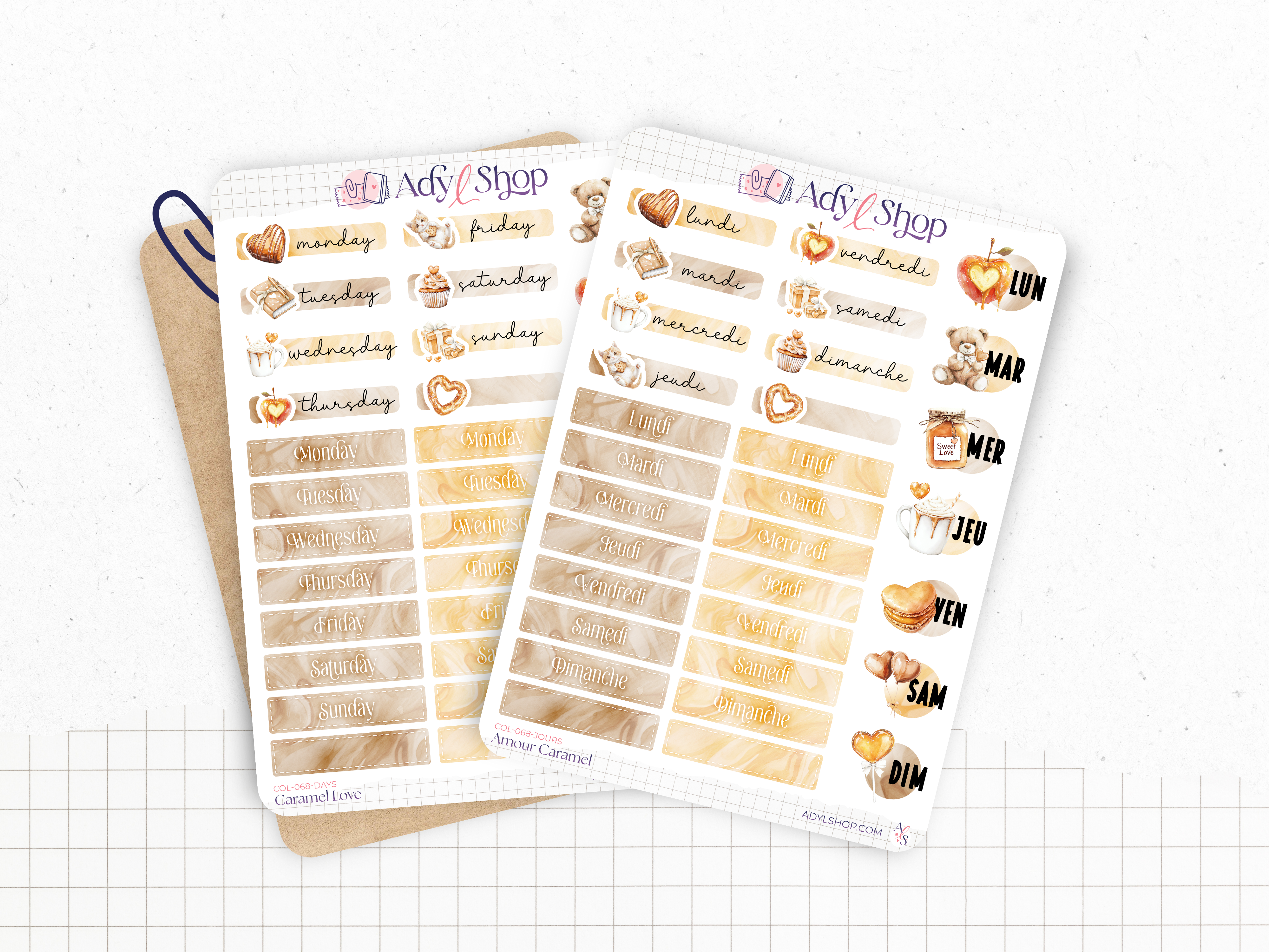 Sticker sheets - "Caramel Love" - Watercolor illustrations: sweet treats, love, Valentine's Day - Bullet Journal / Planner stickers