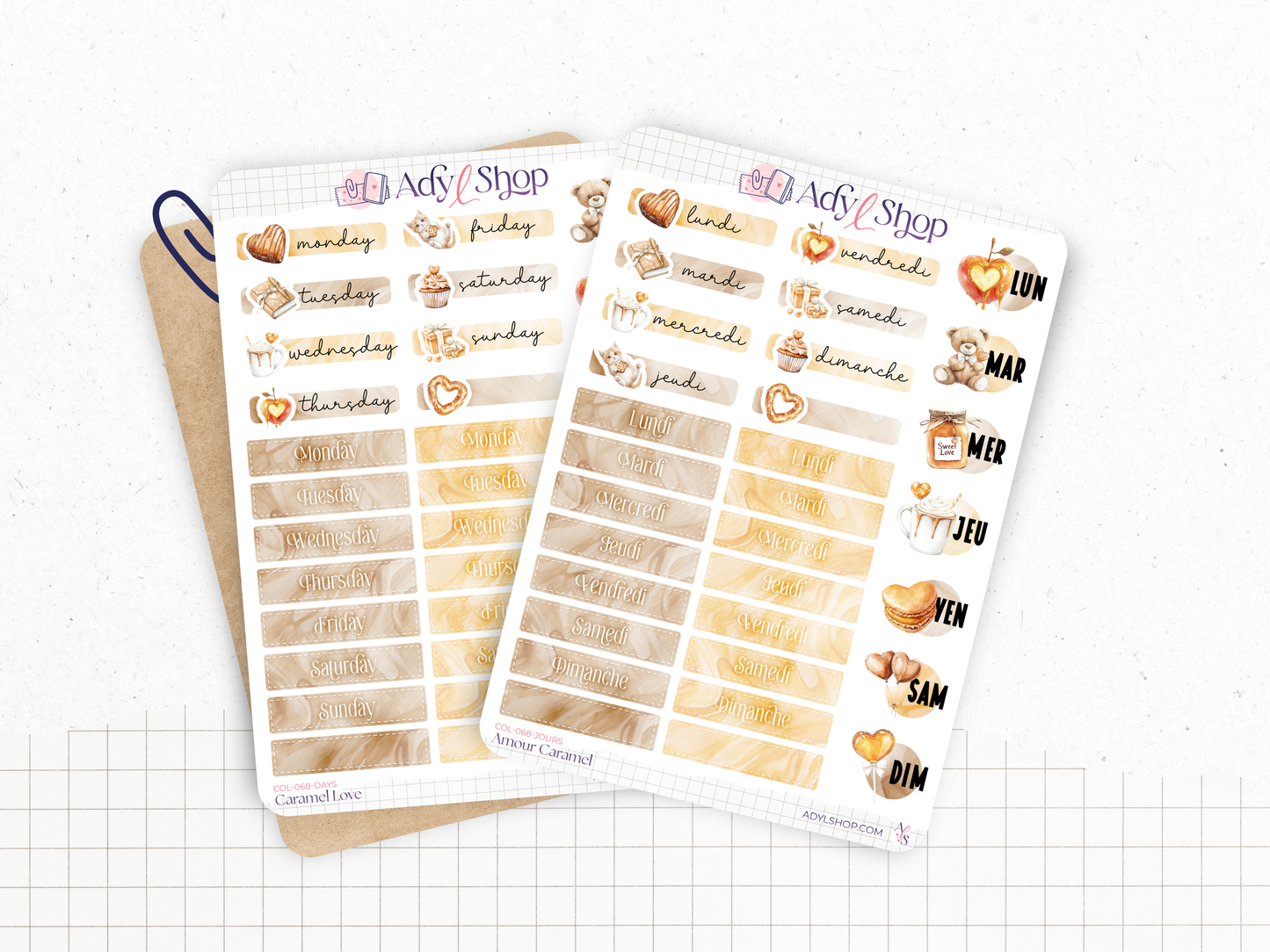 Planches de stickers "Amour Caramel" - Autocollants sur le thème de la gourmandise et de l'amour : bonbon, Saint-Valentin - Bullet Journal & Planner