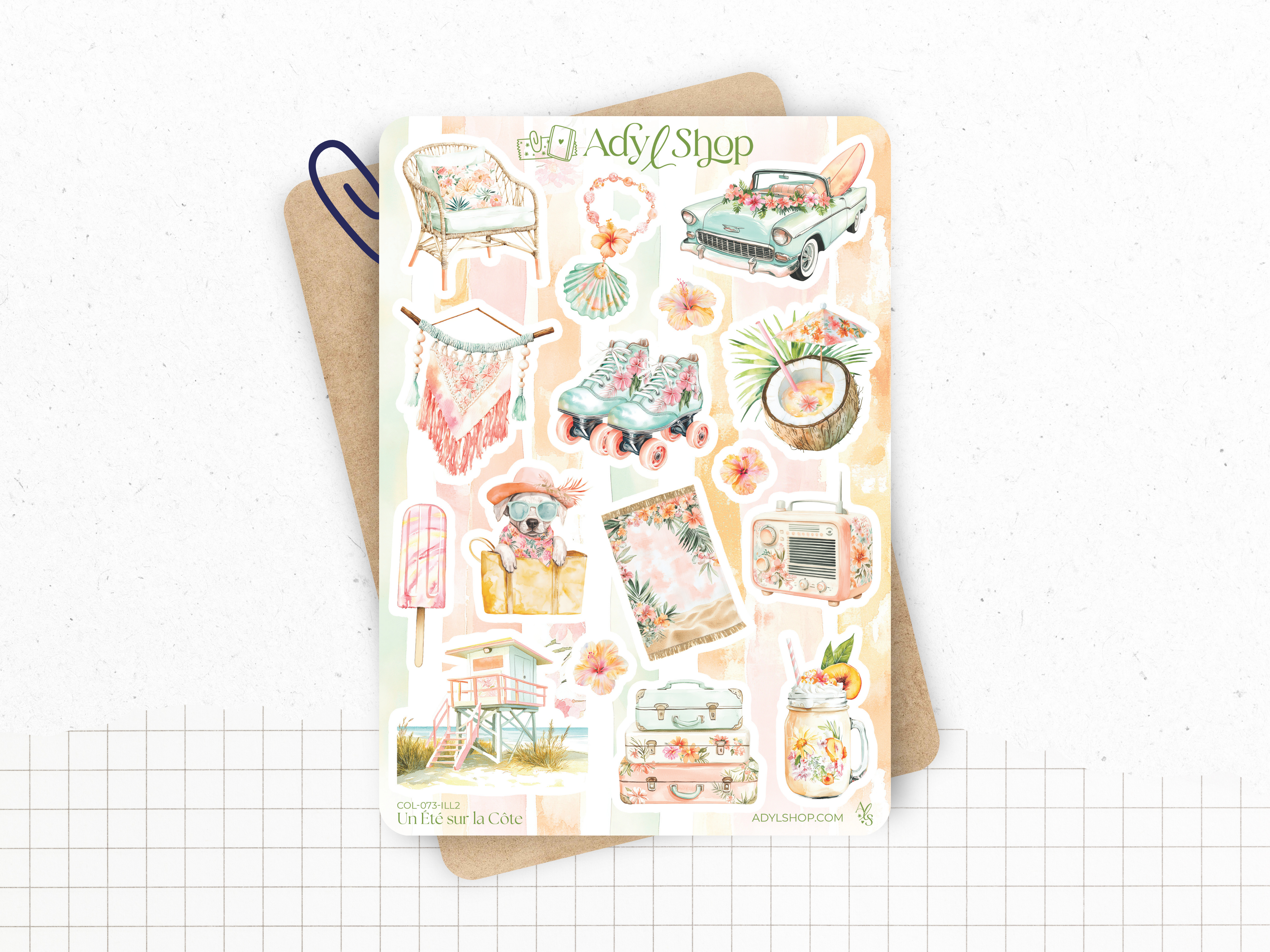 Planches de stickers "Un Été sur la Côte" - Autocollants sur le thème de l'été, des vacances à la plage - Bullet Journal, journaling