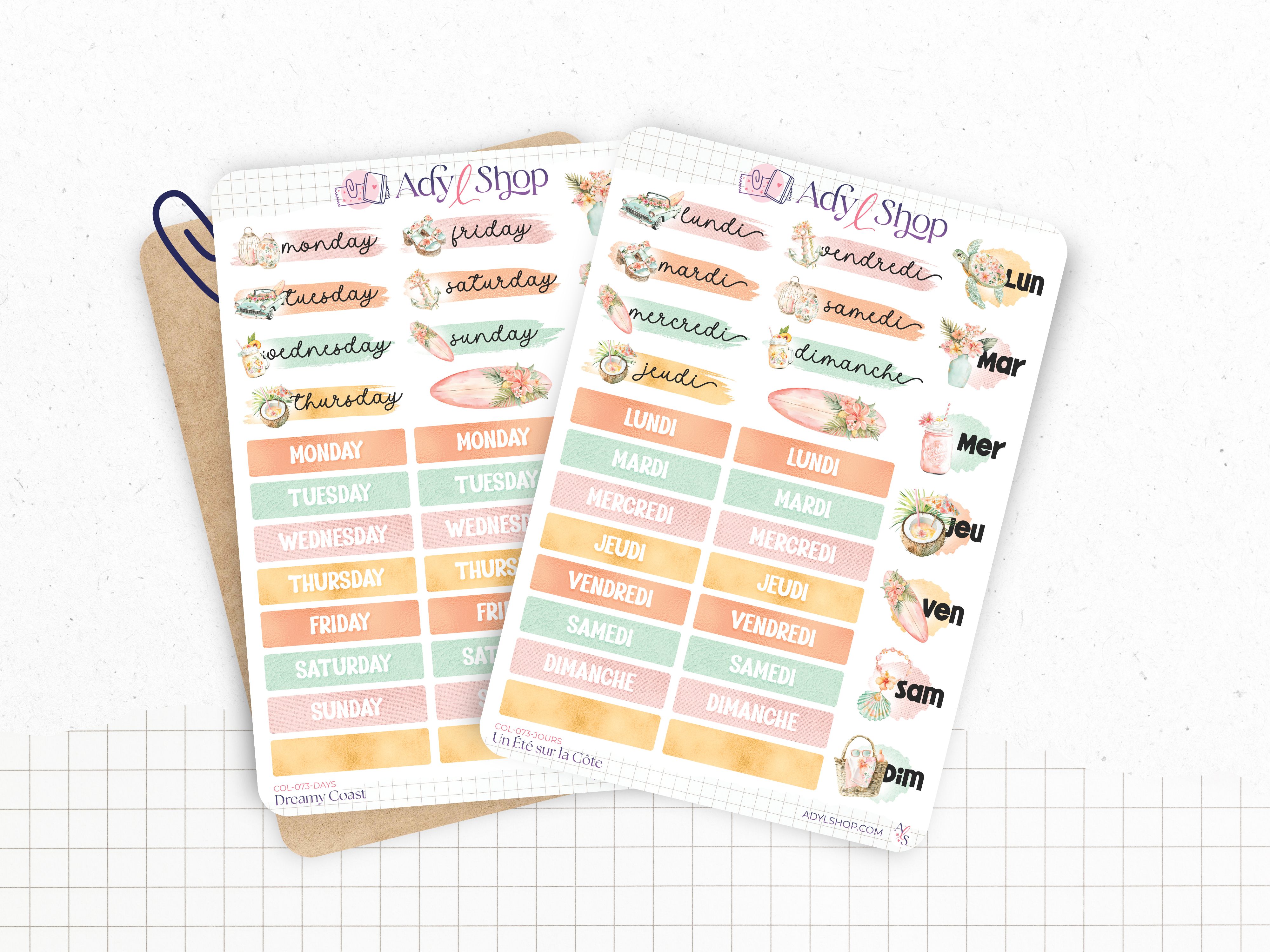 Planches de stickers "Un Été sur la Côte" - Autocollants sur le thème de l'été, des vacances à la plage - Bullet Journal, journaling