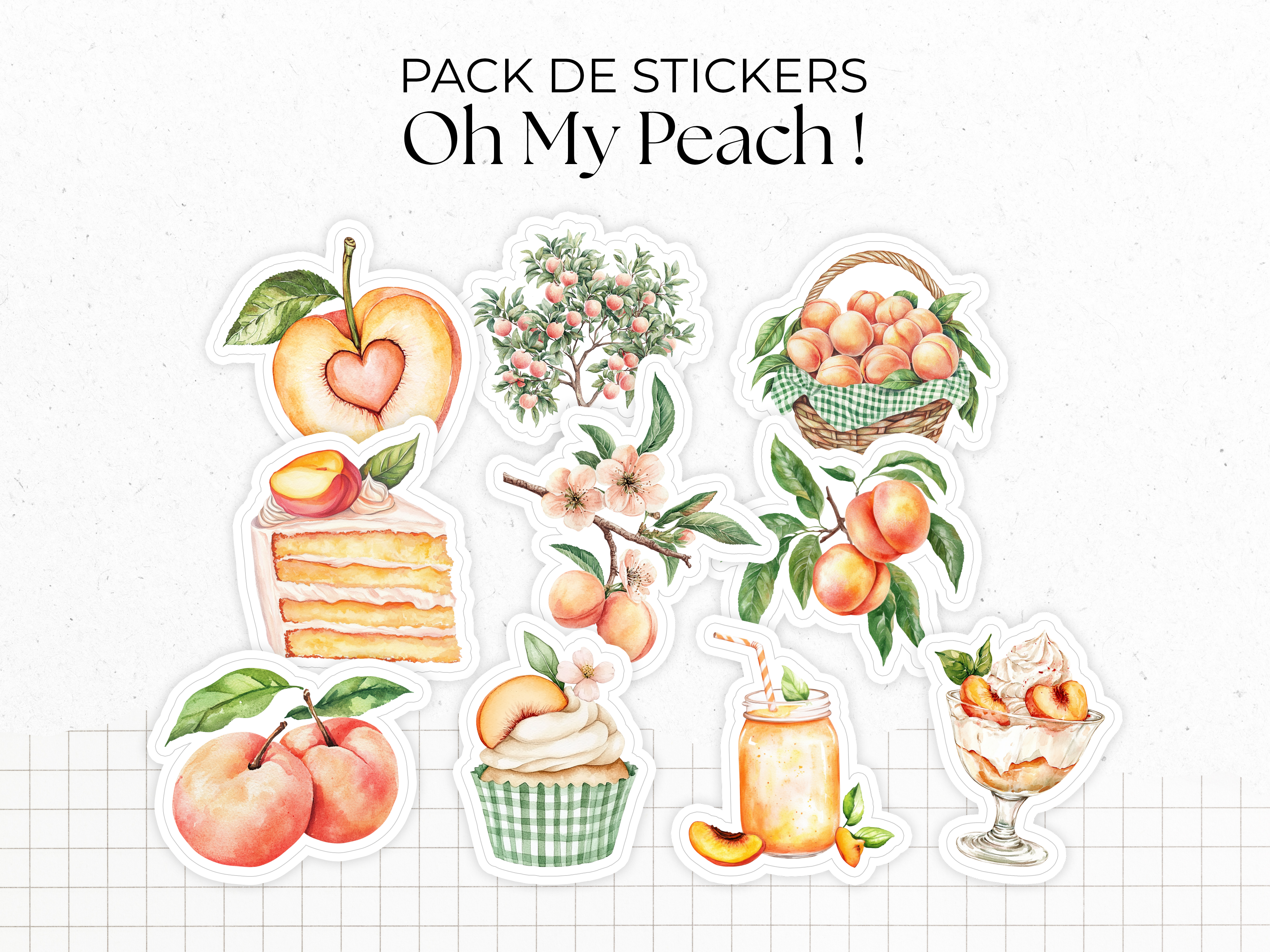 Pack de stickers "Oh My Peach !" - Autocollants sur le thème de l'été, des pêches, des fruits - Bullet Journal, journaling