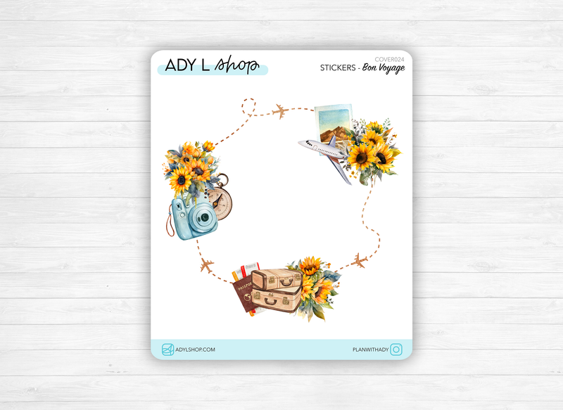 Sticker - "Bon Voyage" : a big wreath sticker for your Bujo monthly cover page - Spring, flowers - Bullet Journal & Planner sticker