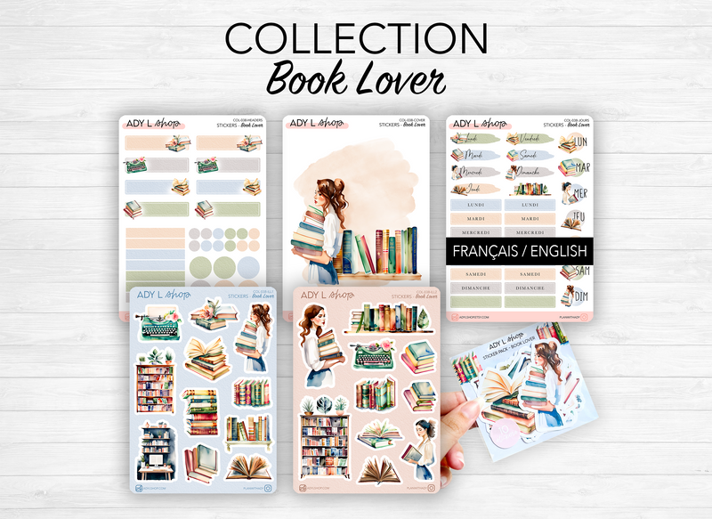 Collection of sticker sheets - "Book Lover" - Watercolor illustrations : stack of books, reading, library - Bullet Journal / Planner