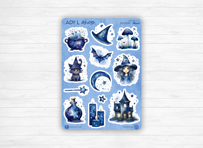 Sticker sheets - "Midnight" - Watercolor illustrations : magic, witchcraft, Halloween - Bullet Journal / Planner sticker sheet