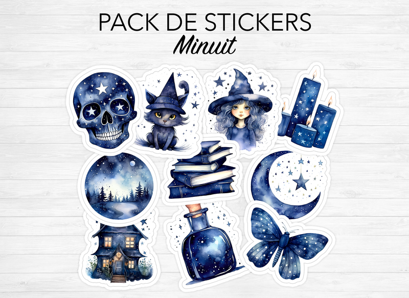 Sticker pack - "Midnight" - Watercolor illustrations : magic, witchcraft, Halloween - 10 die-cut stickers - Bullet Journal / Planner sticker sheet