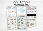 Planches de Stickers "Printemps Bleu" - Autocollants sur le thème du printemps, fleurs, papillons, tons bleutés - Bullet Journal Planner