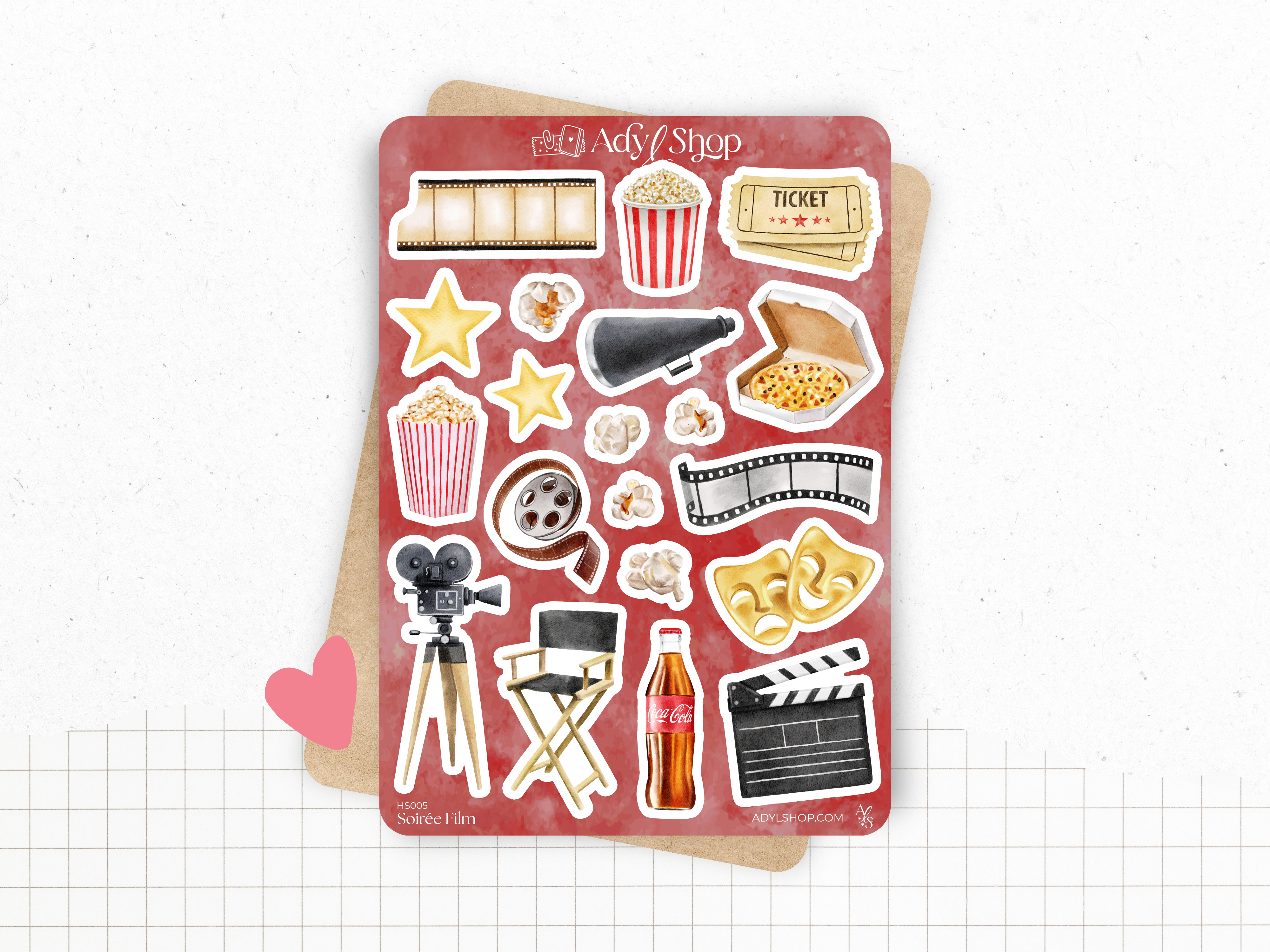 Planche de stickers "Soirée film" - Autocollants sur le thème du cinéma : film, pop corn, bobine, étoiles - Bullet Journal / Planner