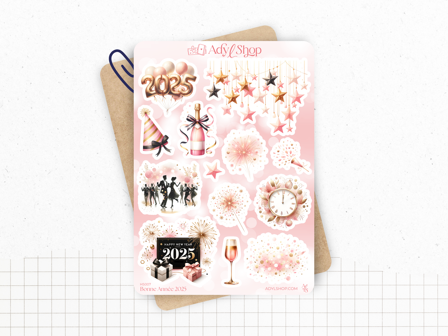 Stickers - "Happy New Year 2025" - Illustrations : New Year's Eve, party, fireworks, champagne - Bullet Journal & Planner sticker sheet