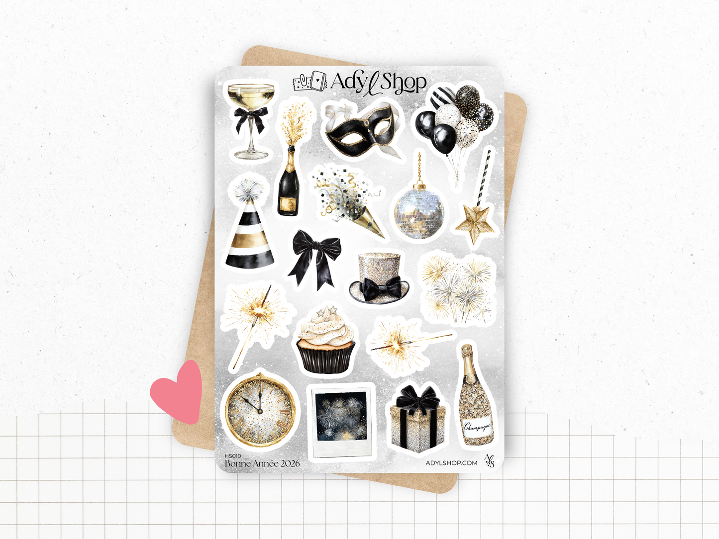 Planche de stickers "Bonne Année 2026" - Illustrations sur le thème de la nouvelle année, de la célébration et de la fête - Journaling