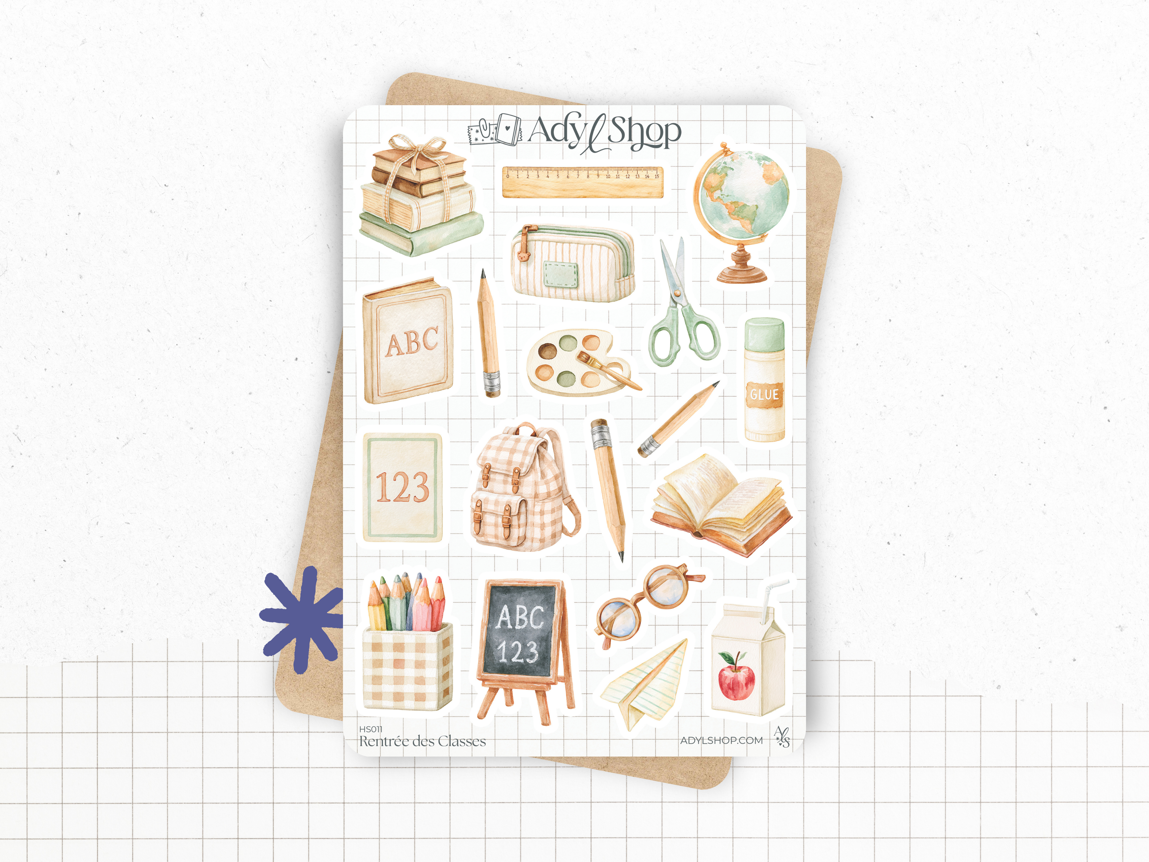 Sticker sheet - "Back to School" - Watercolor doodles : stationery, school - Bullet Journal / Planner sticker sheet