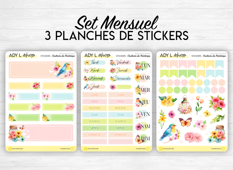 Set mensuel (3 planches) "Couleurs du Printemps" pour Bullet Journal - Fleurs, compositions florales - Jours de la semaine, headers, doodles