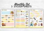 Monthly set stickers - "Bon Voyage" - Summer trip, travel, sunflowers, sun - Bullet Journal, planner - 3 sheets -headers, days, doodles