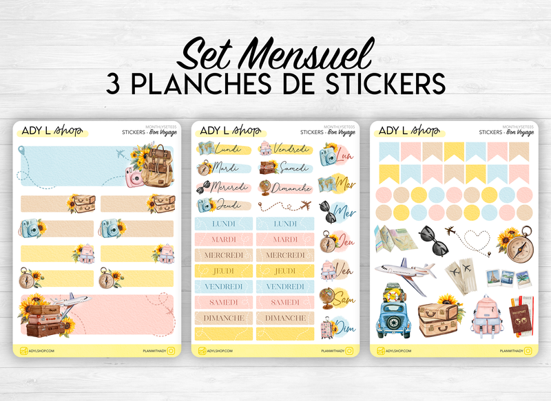 Monthly set stickers - "Bon Voyage" - Summer trip, travel, sunflowers, sun - Bullet Journal, planner - 3 sheets -headers, days, doodles
