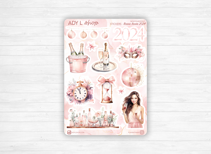 Sticker sheet - "Happy New Year 2024" - Watercolor illustrations : New Year's Eve, party, champagne - Bullet Journal & Planner sticker sheet
