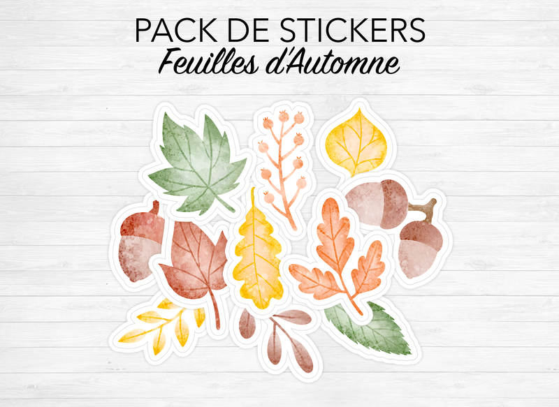Pack de stickers "Feuilles d'automne" - 11 grands autocollants (env. 6cm) - Papier mat blanc - Bullet Journal & Planner - Journaling