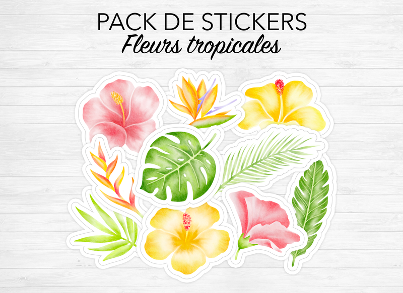 Sticker pack "Tropical Flowers" - 10 die-cut stickers - Flowers, peony - White matte paper - Bullet Journal & Planner - Journaling 