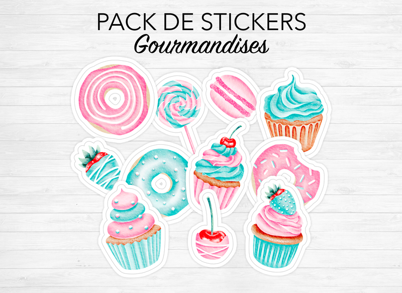 Pack de stickers "Gourmandises" - 11 grands autocollants (env. 5,5-6,5cm) - Papier mat blanc - Bullet Journal & Planner - Journaling