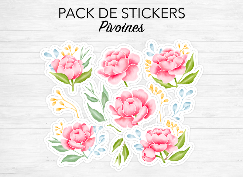 Pack de stickers "Pivoines" - 11 grands stickers - Thème des fleurs - Papier mat blanc - Bullet Journal & Planner - Journaling