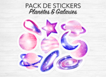 Pack de stickers "Planètes et Galaxies" - 10 grands stickers - Thème de l'espace - Papier mat blanc - Bullet Journal & Planner - Journaling