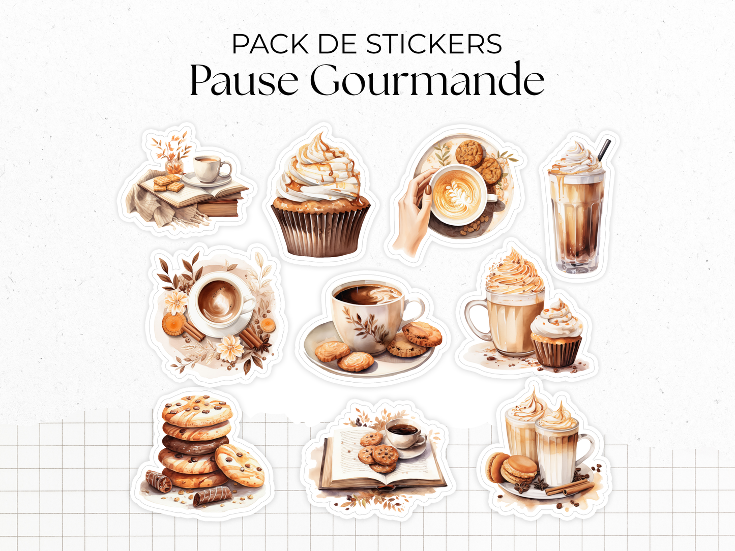 Planches de Stickers "Pause Gourmande" - Autocollants sur le thème de la gourmandise, café, chocolat, cupcake, cozy - Bullet Journal/Planner