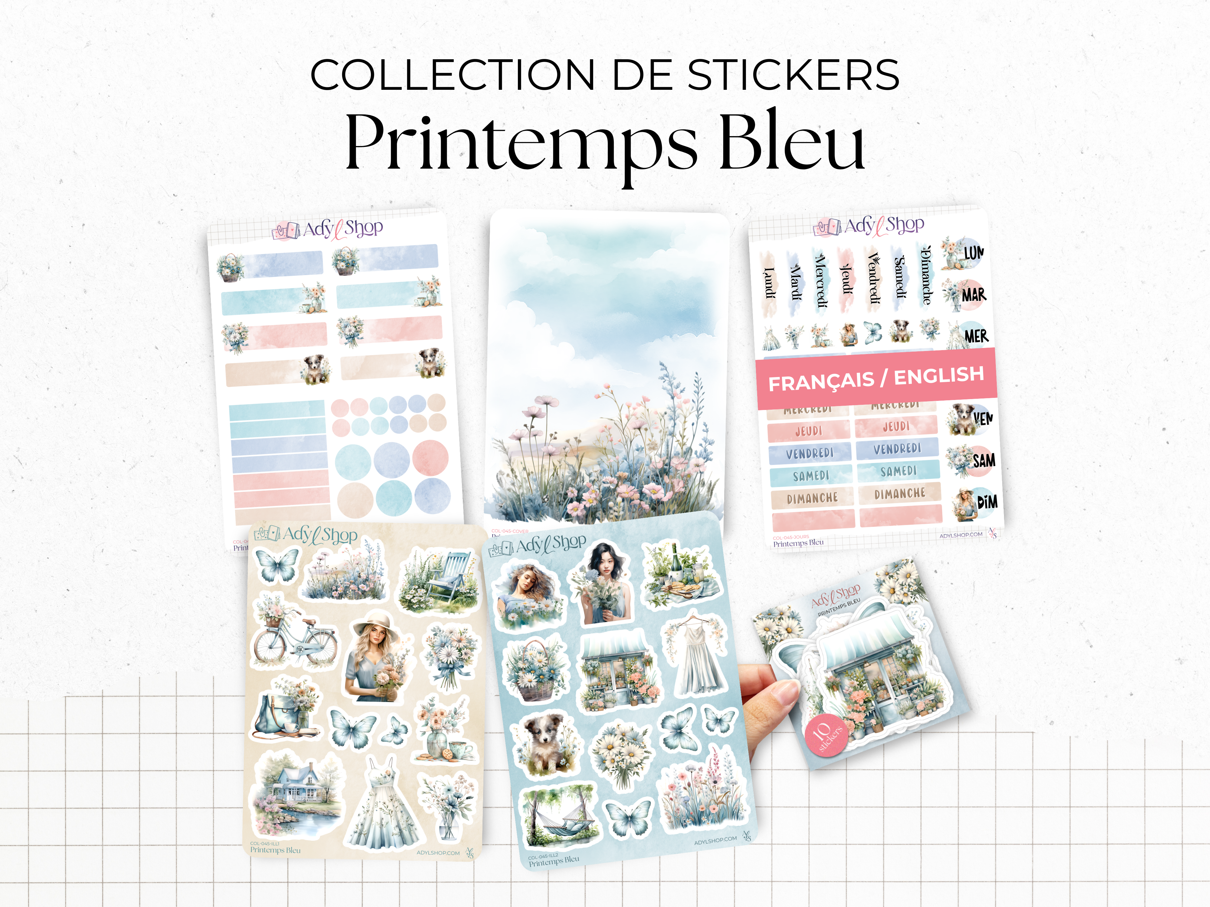 Collection de Stickers "Printemps Bleu" - Autocollants sur le thème du printemps, fleurs, papillons, tons bleutés - Bullet Journal Planner