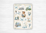 Planches de Stickers "Printemps Bleu" - Autocollants sur le thème du printemps, fleurs, papillons, tons bleutés - Page de couverture mensuelle - Bullet Journal Planner