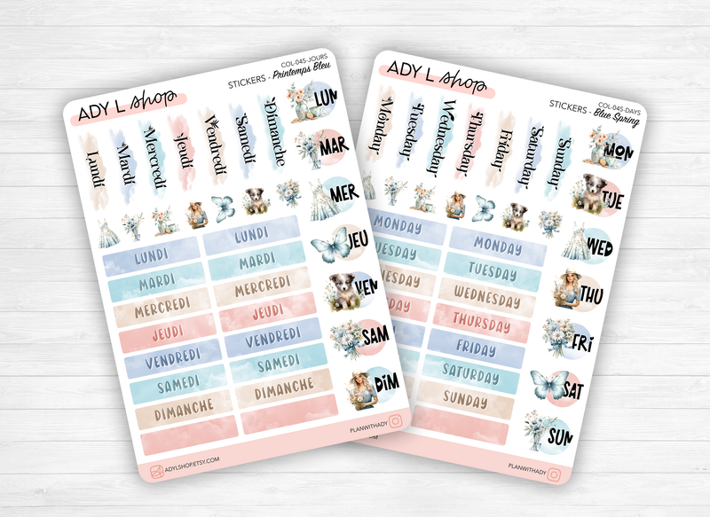 Planches de Stickers "Printemps Bleu" - Autocollants sur le thème du printemps, fleurs, papillons, tons bleutés - Jours de la semaine - Bullet Journal Planner