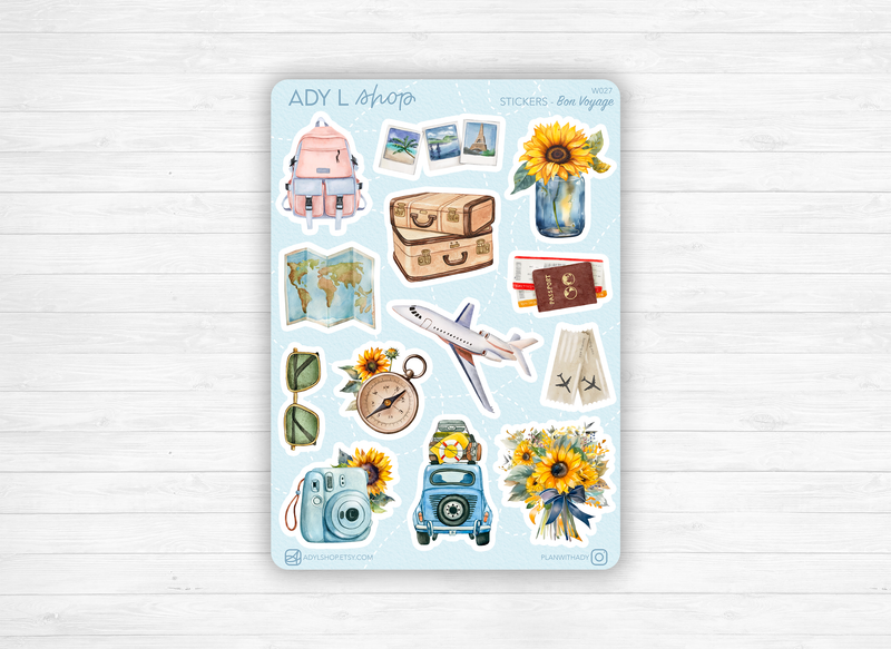 Sticker sheet - "Bon Voyage" - Watercolor illustrations: Summer trip, travel, sunflowers, sun - Bullet Journal / Planner sticker sheet