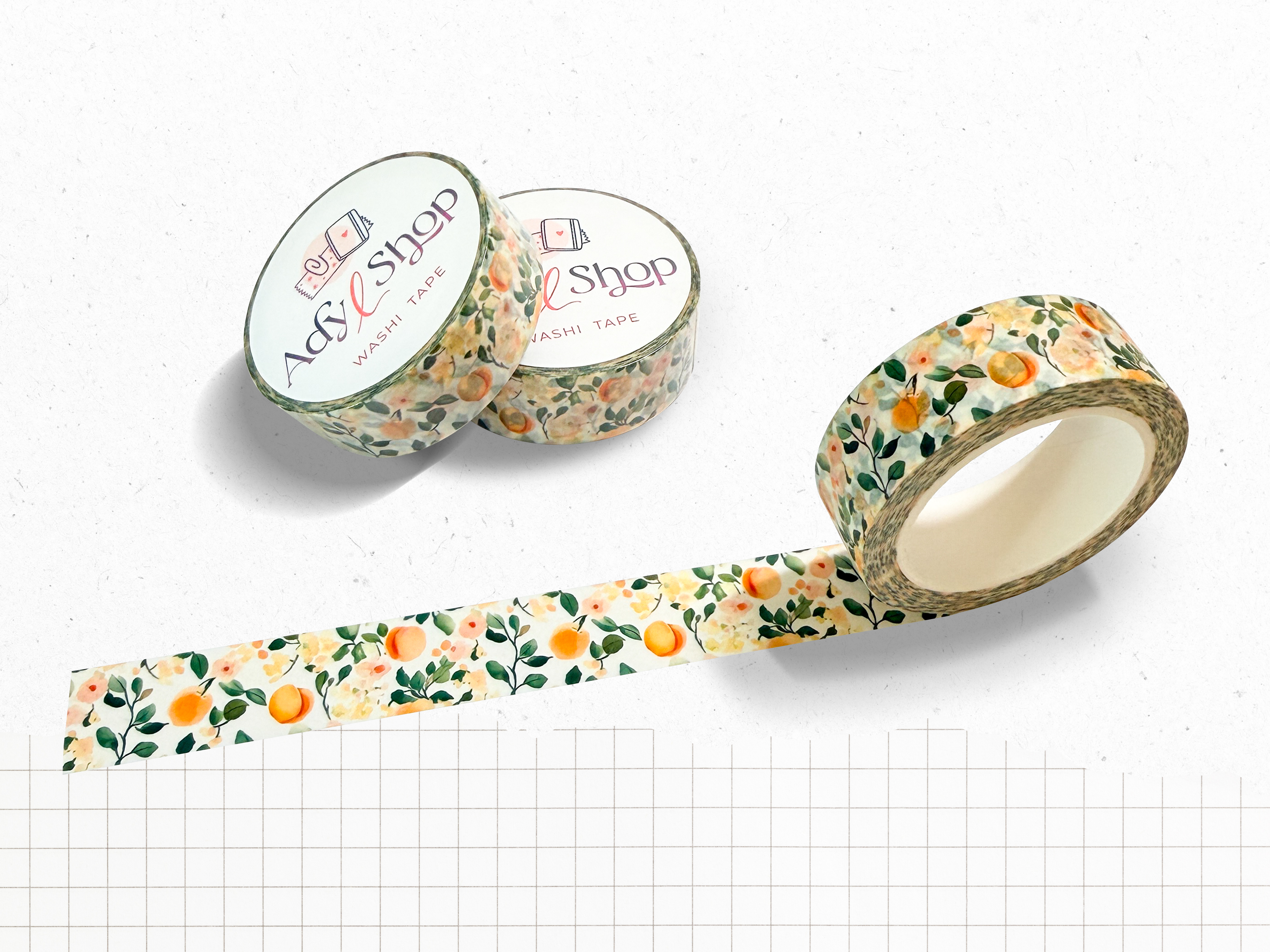 Washi tape "Oh My Peach!" - Rouleau de papier adhésif décoratif sur le thème des pêches - (15mm x 10m)