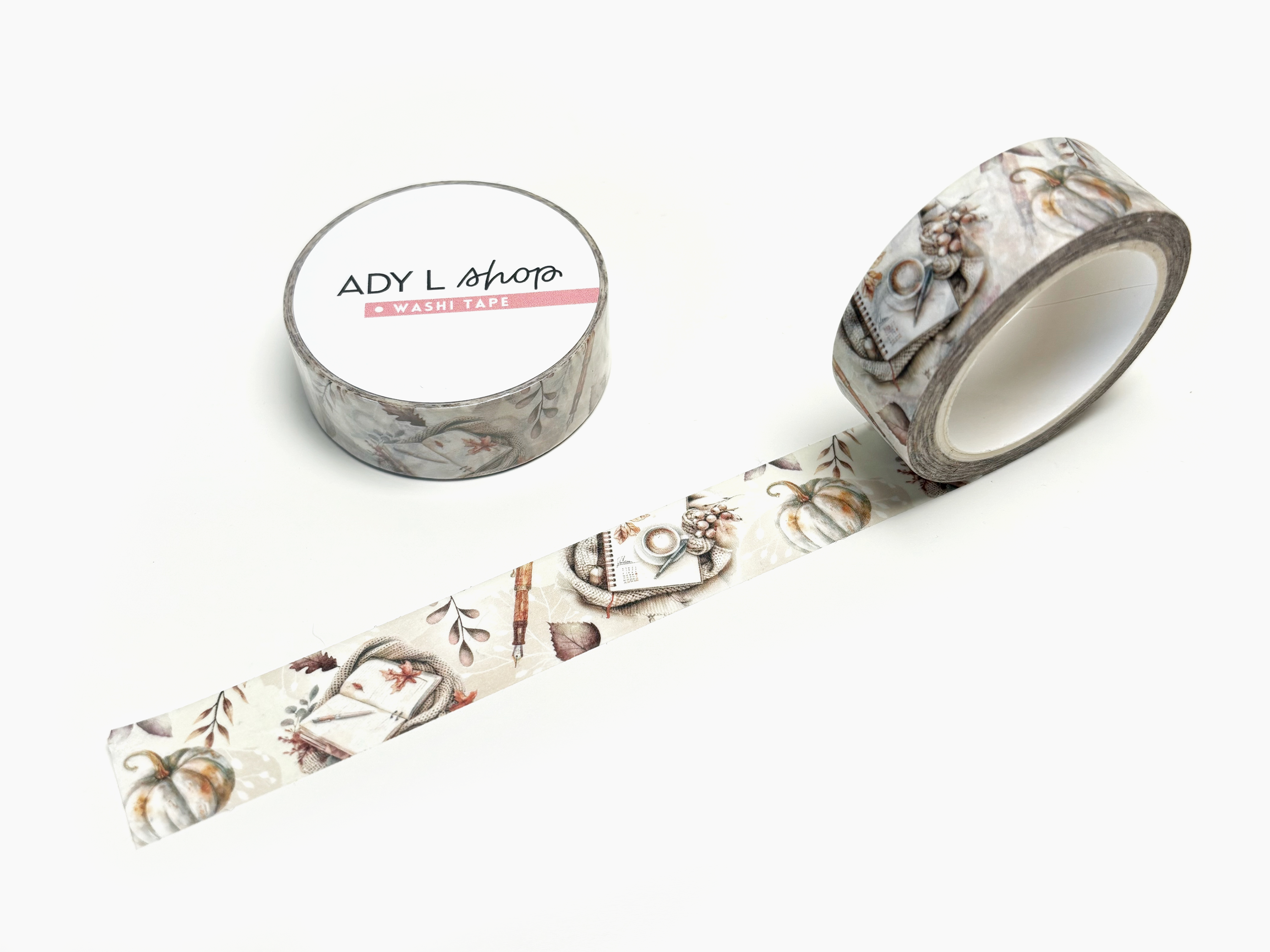 Washi tape "Planner d'Automne" - Rouleau de papier adhésif décoratif aux motifs automnaux - Automne, citrouille, carnets, stylos