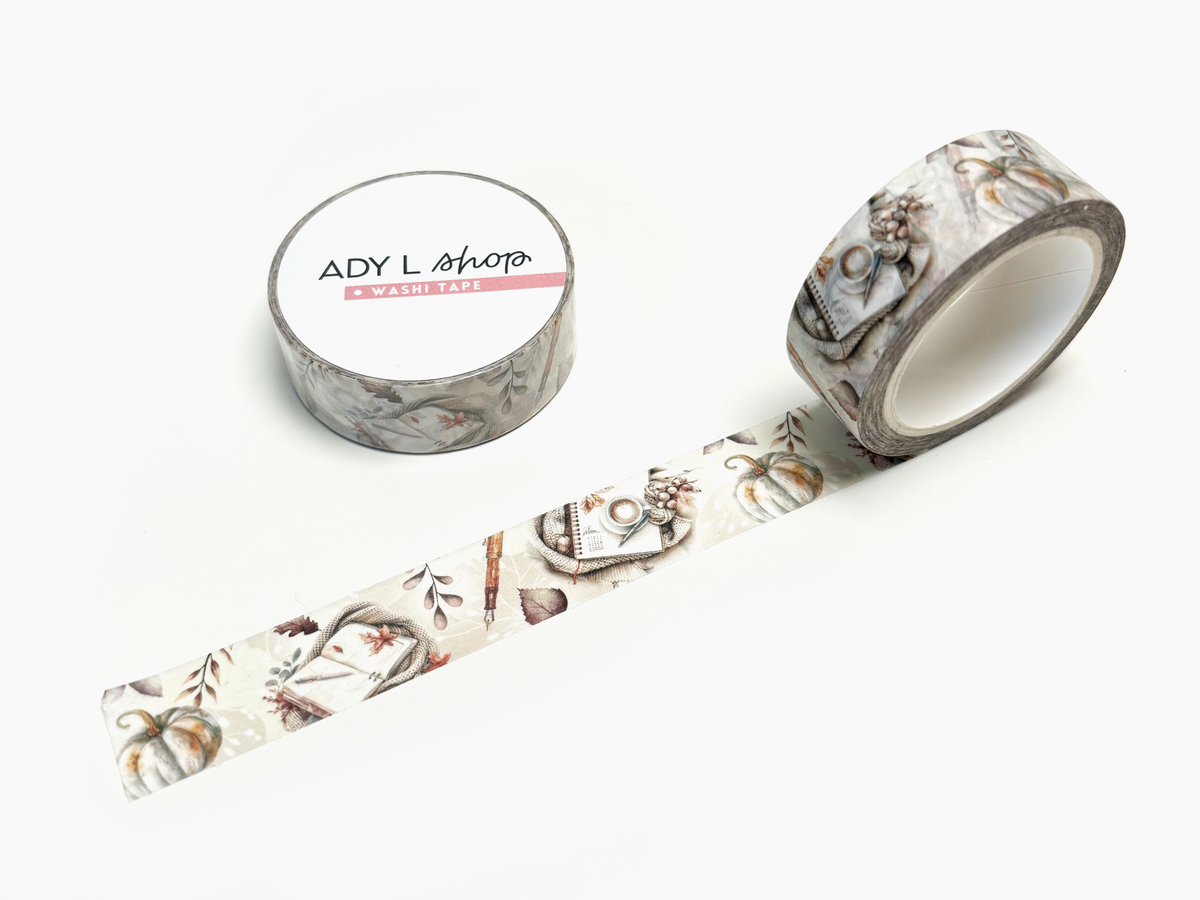 Washi tape "Planner d'Automne" - Rouleau de papier adhésif décoratif aux motifs automnaux - Automne, citrouille, carnets, stylos