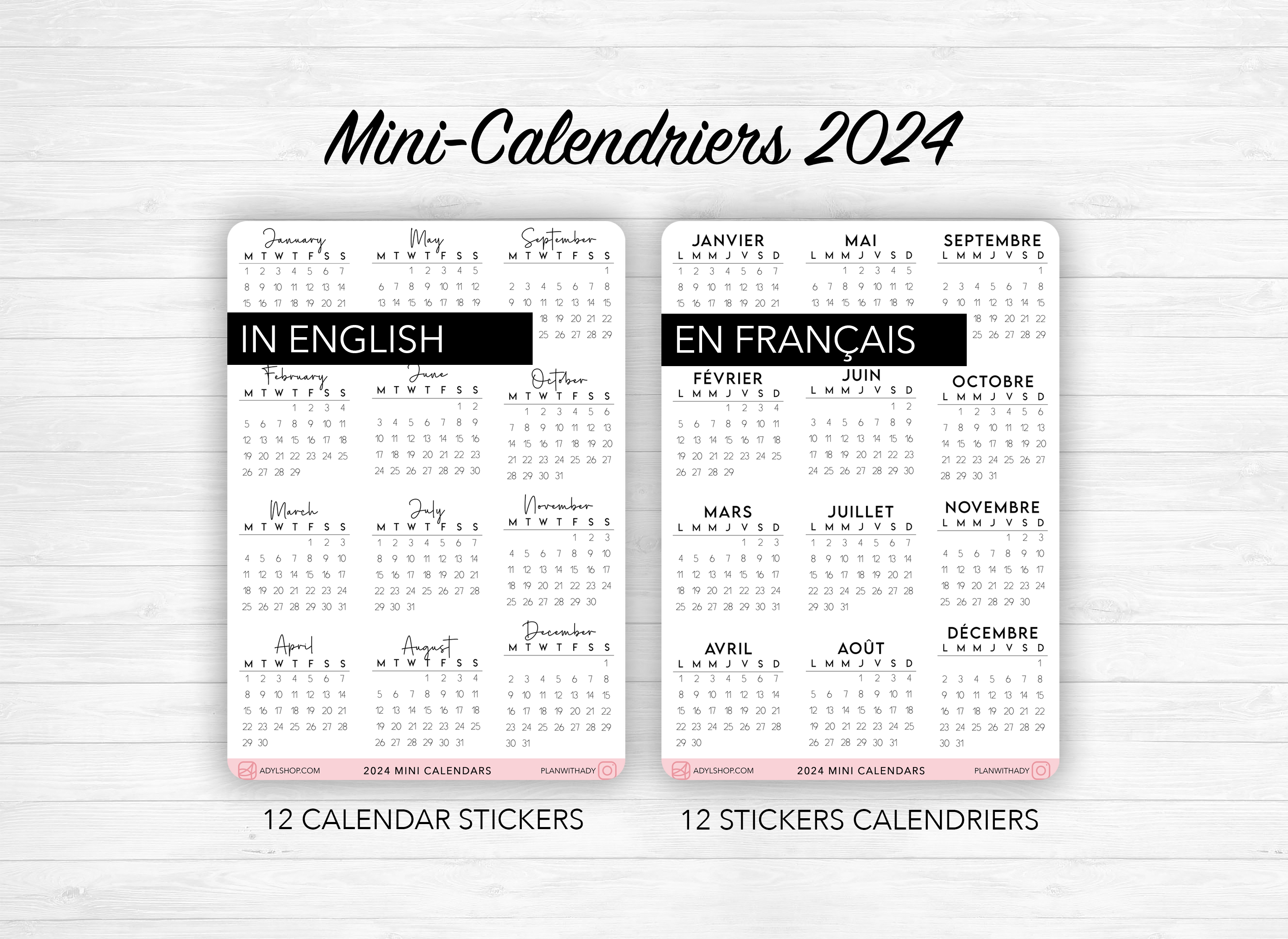 Stickers mini calendriers année 2024, différentes polices, avec ou sans  en-têtes - 12 stickers par planche - Bullet Journal & Planner