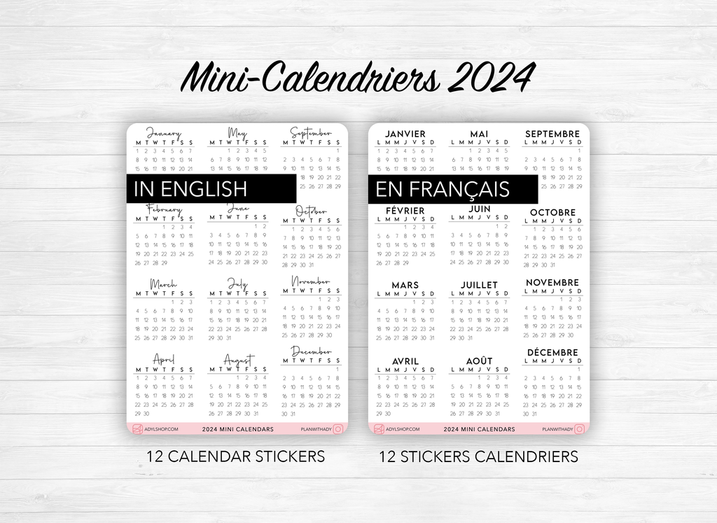 2024 Mini calendar stickers With or without a header different hea
