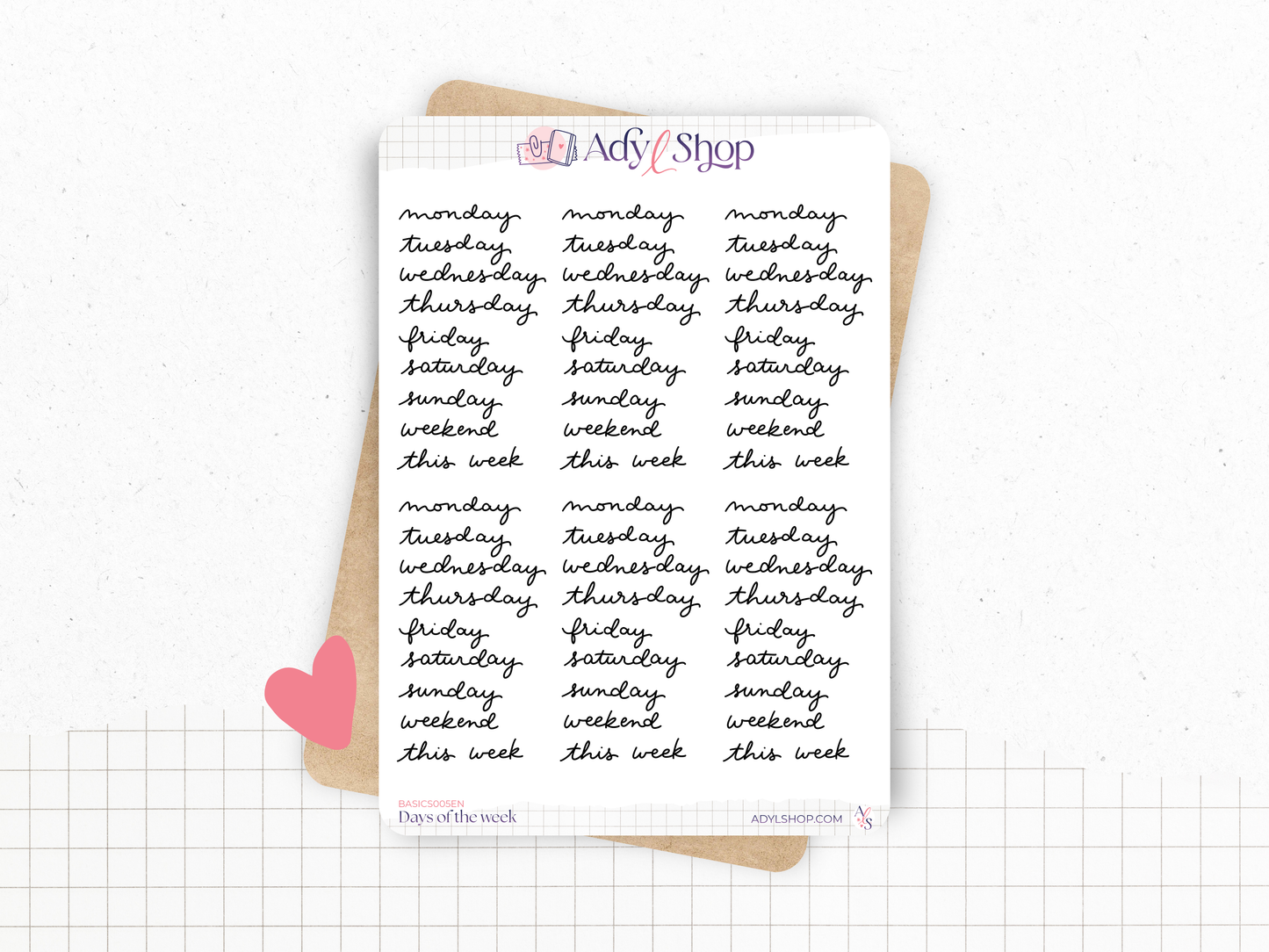 Planche Stickers "Jours de la semaine" écriture cursive - 6 semaines - Papier blanc mat ou transparent mat - Bullet Journal & Planner