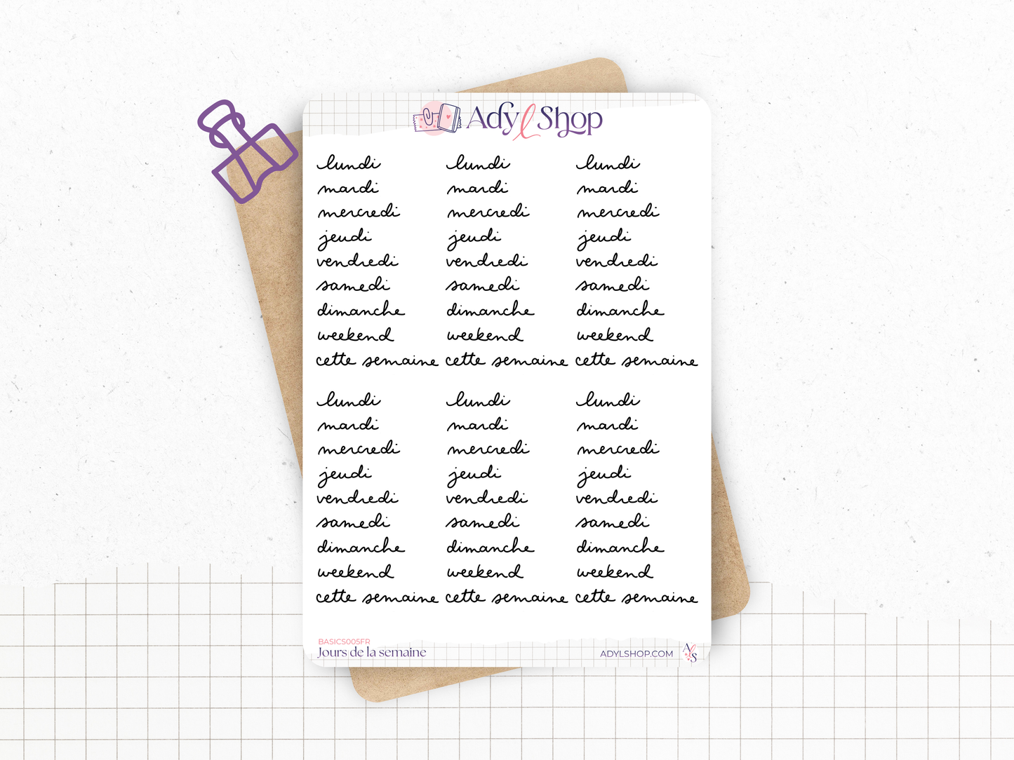 Planche Stickers "Jours de la semaine" écriture cursive - 6 semaines - Papier blanc mat ou transparent mat - Bullet Journal & Planner