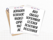 Planches stickers "Mois de l'année" - 6 ou 12 mois - Plusieurs polices d'écriture disponibles - Bullet Journal & Planner