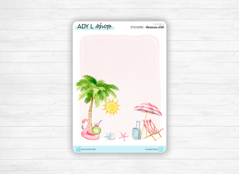 Sticker "Vacances d'été" - Plage, vacances au soleil, palmier, soleil, mer - Page de couverture - Aquarelle - Bullet Journal & Planner