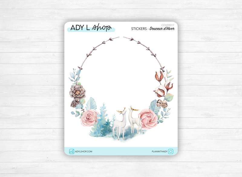 Sticker "Douceur d'Hiver" - Couronne hivernale : feuillage d'hiver, cerf, coton, roses - Page de couverture - Bullet Journal & Planner