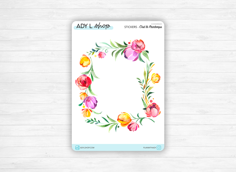 Sticker "C'est le Printemps" - Couronne de fleurs printanières  - Page de couverture mensuelle pour bujo - Bullet Journal & Planner