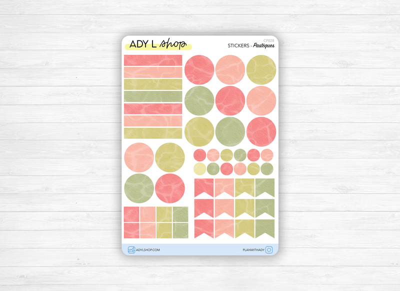 Planche Stickers Palette de Couleurs "Pastèques" différentes formes géométriques - Vert, rose - Eté - Bullet Journal & Planner - Journaling