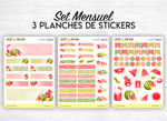 Set mensuel (3 planches) "Pastèques" pour Bullet Journal - Fruits d'été, melon, cocktails, été, fruit -Jours de la semaine, headers, doodles
