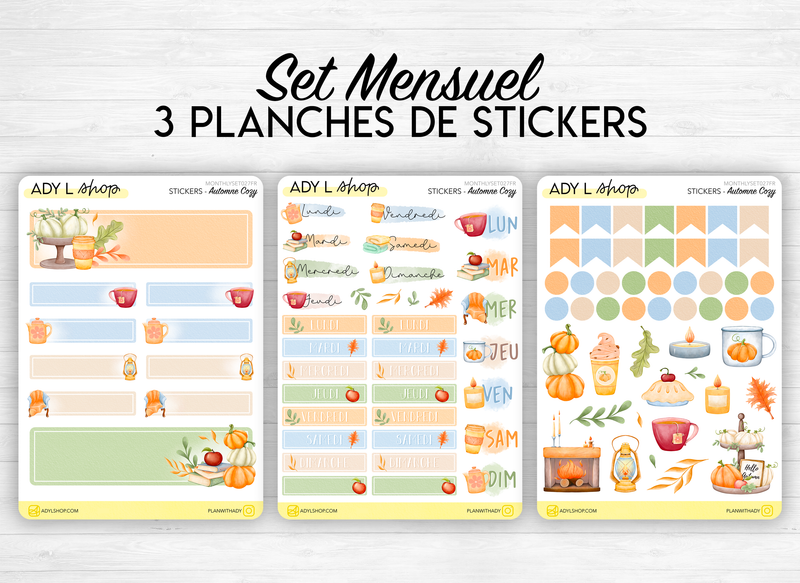 Monthly set stickers - "Cozy Autumn" - Fall, pumpkins, cocooning - for your Bullet Journal, planner - 3 sheets (headers, days, doodles)