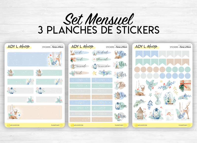 Monthly set stickers - "Winter Wonderland" - Deers, greenery, cold - for your Bullet Journal, planner - 3 sheets (headers, days, doodles)