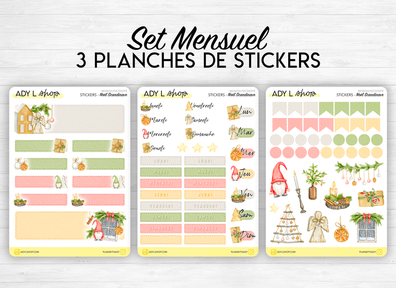 Set mensuel (3 planches) "Noël Scandinave" pour Bullet Journal - Décorations de Noël en bois, hiver - Jours de la semaine, headers, doodles